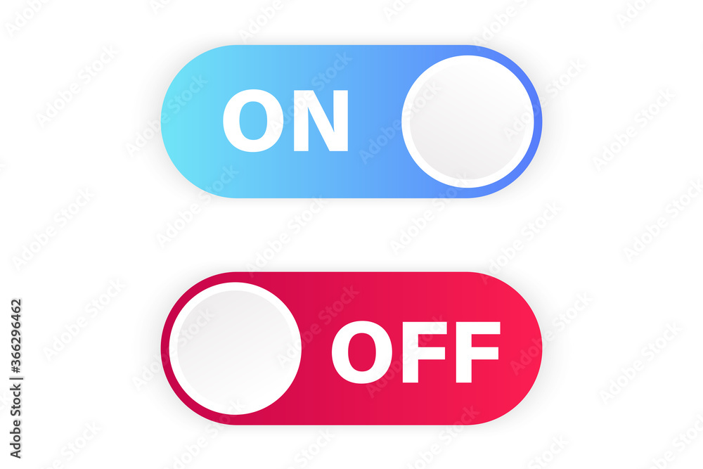 Toggle switch icon. Blue in on position, red in off. Element for mobile applications or web design. On off button. Vector illustration. Toggle switch icon. Blue in on position, red in off. Element for mobile applications or web design. On off button. Vector illustration.