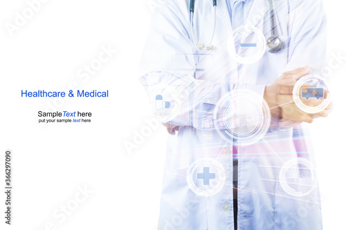Fototapeta Naklejka Na Ścianę i Meble -  Doctor holding stethoscope isolated on white background, Healthcare and Medicine concept