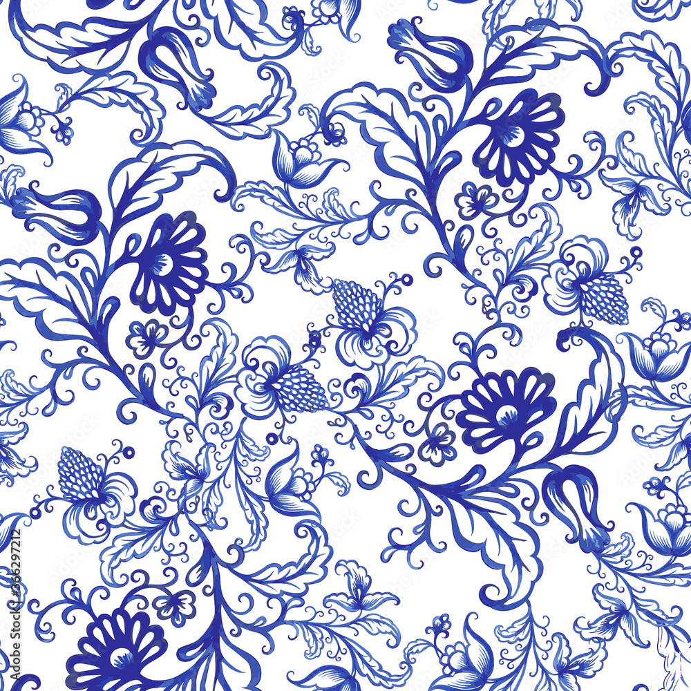 Blue floral watercolor texture pattern with flowers. 
