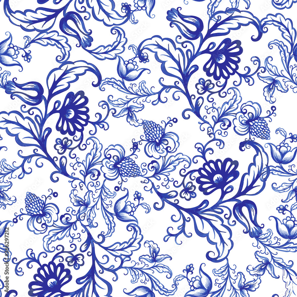 Fototapeta premium Blue floral watercolor texture pattern with flowers. 