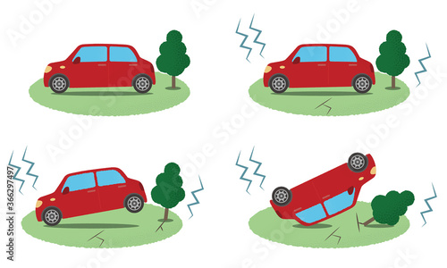 地震の被害に遭う自動車のベクターイラストセット