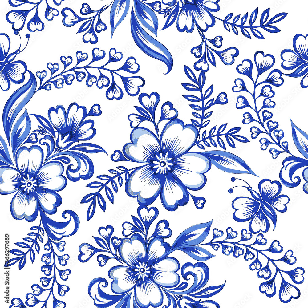 Fototapeta premium Blue floral watercolor texture pattern with flowers. 
