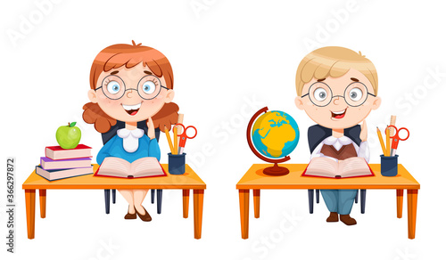 Back to school. Cute schoolgirl and schoolboy