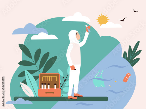 Scientist in special uniform stands with a test tube in his hands at a polluted reservoir next to him a suitcase with test tubes.Flat style illustration on the theme of water pollution. Banner concept