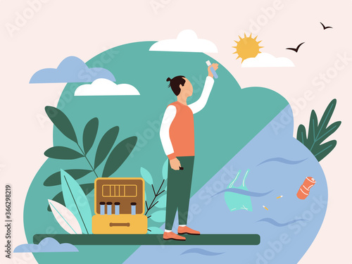 A scientist man stands with a test tube in his hands at a polluted reservoir next to him a suitcase with test tubes. Flat style illustration on the theme of pollution of water, oceans, seas and rivers