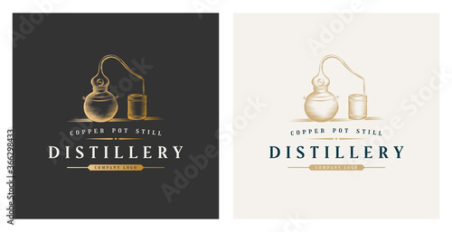 Copper pot still whiskey distillery premium logo