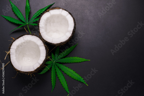 top view flat lay coconut and marijuana leaves on a black background copy space