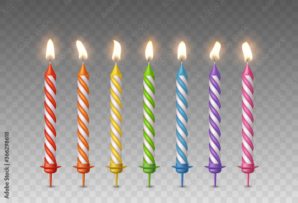 Candles with burning fire flame for birthday cake isolated on