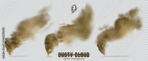 Dusty cloud or brown dry sand flying with a gust of wind, sandstorm, explosion realistic texture with small particles or grains of sand illustration 3 set isolated on transparent background. Vector.
