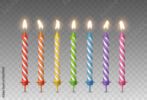 Candles with burning fire flame for birthday cake isolated on transparent background. Vector 3d realistic color candlelight elements set photo