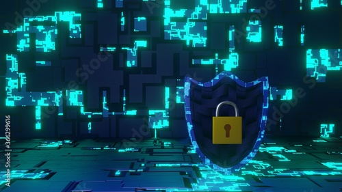 Abstract Cyber Security Shield in Futuristic Circuit Board Look and Carbon Fiber texture on Background. 3D Rendered. 8K. (right side)