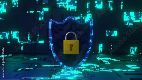 Abstract Cyber Security Shield in Futuristic Circuit Board Look and Carbon Fiber texture on Background. 3D Rendered. 8K. (middle)