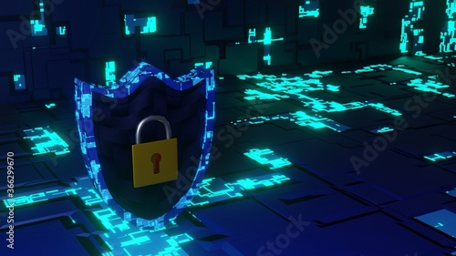 Abstract Cyber Security Shield in Futuristic Circuit Board Look and Carbon Fiber texture on Background. 3D Rendered. 8K. (left side)