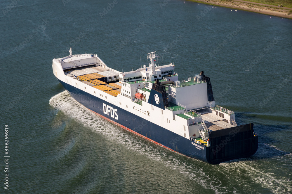 ROTTERDAM, THE NETHERLANDS - SEP 2, 2017: Ro-Ro cargo ship from DFDS  Seaways leaving the Port of Rotterdam to the North Sea. Photos | Adobe Stock