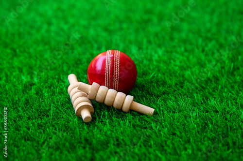 cricket ball and bails on green grass pitch