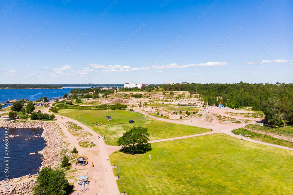 Kotka, Finland - 22 June 2020: Aerial summer view of Katariina Seaside Park. Kotka, Finland - 22 June 2020: Aerial summer view of Katariina Seaside Park.