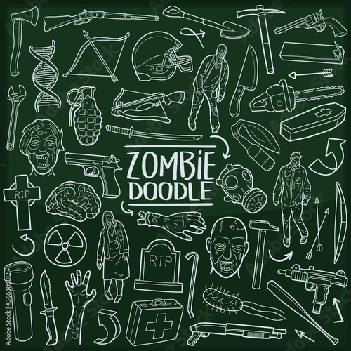 Zombie Party Chalkboard Doodle Icons. Sketch Hand Made Design Vector Art.