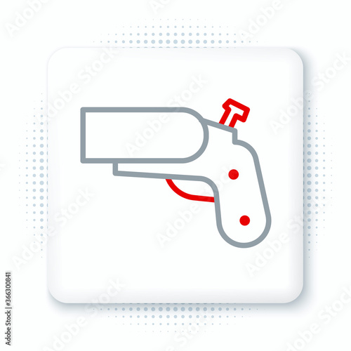 Line Flare gun pistol signal sos icon isolated on white background. Emergency fire shoot target smoke. Orange 911 launcher. Colorful outline concept. Vector.