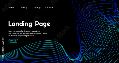 Landing page vector template. Dark blue abstract background for home page. Web site header with dynamic lines