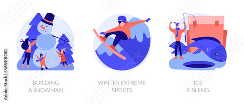 Winter activities, hobby and recreation, outside leisure, snowboarding. Building a Snowman, winter extreme sports, ice fishing metaphors. Vector isolated concept metaphor illustrations.
