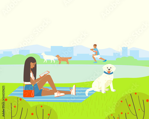 Illustration of a park or playground with a pond for walking dogs. Girl with dog Labrador Retriever is resting in the park. The dog handler deals with dogs. Flat vector illustration.