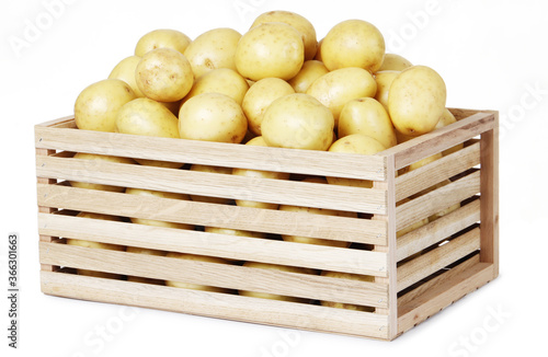 Wooden box with young potato isolated on white background
