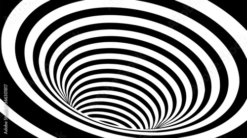 Vector optical illusion with black and white lines. Technology tunnel. Abstract curve background.