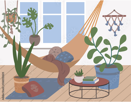 Vector flat illustration. A cozy room in the Scandinavian style. A bright hugge room with a hammock, pillows, carpet, coffee table and many indoor plants: ficus, succulents, Sansevieria, monstera