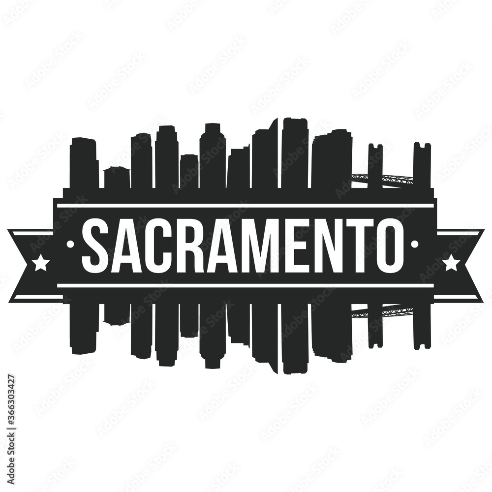 Sacramento Skyline Stamp Silhouette City. Reflection Landscape City Design. Vector Cityscape Icon.  