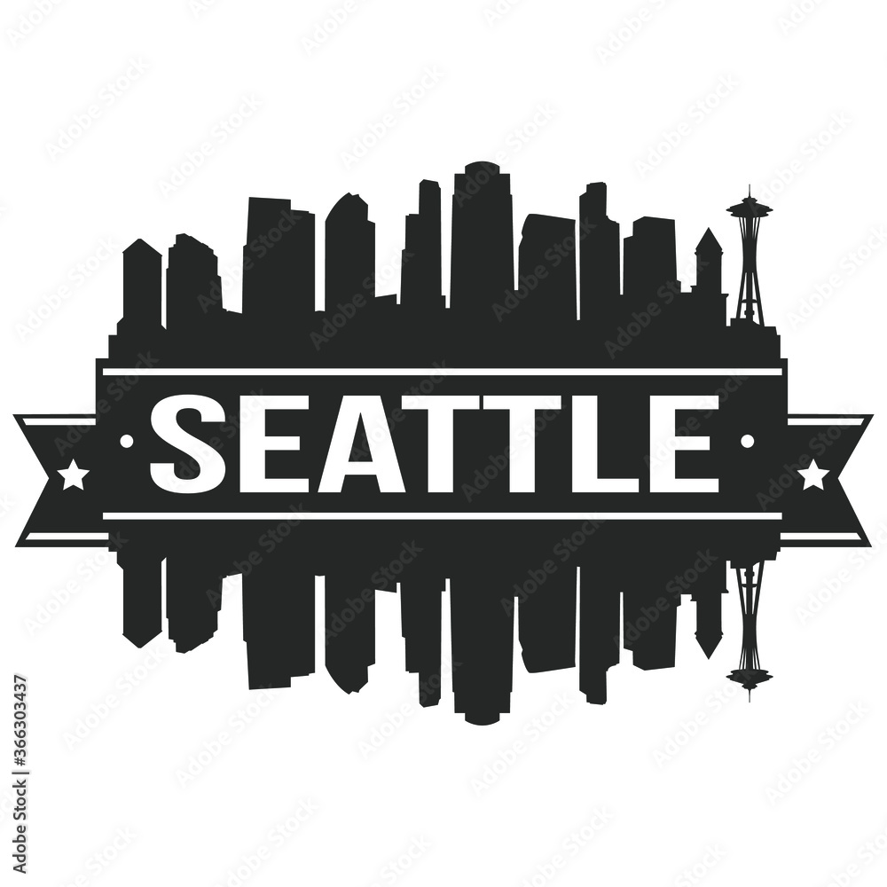 Seattle Skyline Silhouette Stamp. Reflection Landscape City Design. Vector Cityscape Icon.
