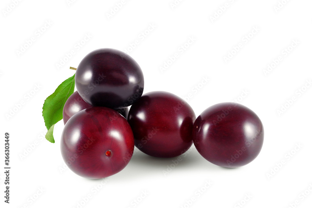 Ripe purple plums with leaf isolated on white background Ripe purple plums with leaf isolated on white background