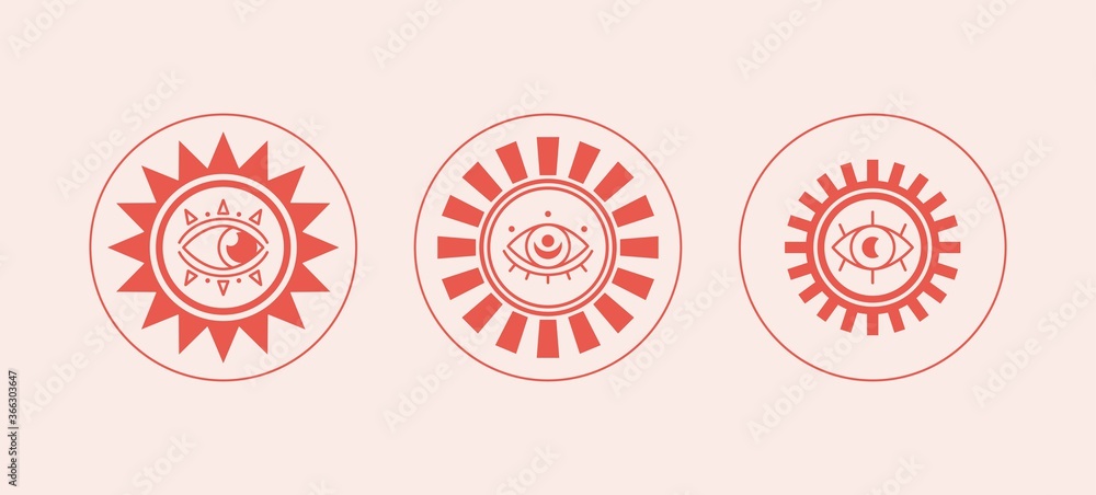 Three red Abstract outline Suns or moons with Eyes. Minimalistic round Icons. Astrology esoteric mystic concept. Elegant geometric design. Trendy Vector Set. Simple design. All elements are isolated