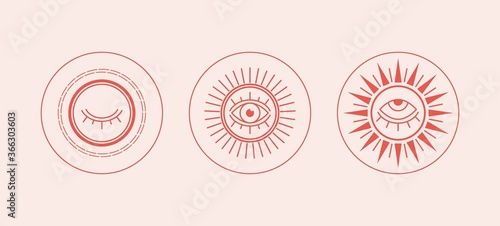 Three red Abstract outline Suns or moons with Eyes. Minimalistic round Icons. Astrology esoteric mystic concept. Elegant geometric design. Trendy Vector Set. Simple design. All elements are isolated