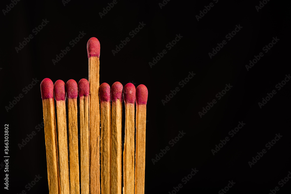 one in the crowd concept of matchstick with flames, one in the crowd concept of matchstick with flames,