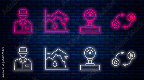 Set line Drop in crude oil price, Gauge scale, Oilman and Oil exchange. Glowing neon icon on brick wall. Vector.