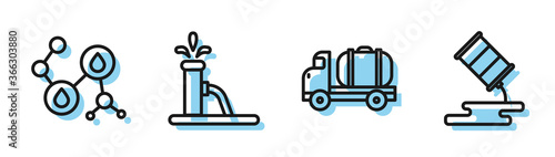 Set line Tanker truck, Molecule oil, Oil pump or pump jack and Barrel oil leak icon. Vector.
