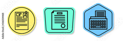 Set line Lawsuit paper, The arrest warrant and Retro typewriter. Colored shapes. Vector.