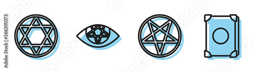 Set line Pentagram in a circle, Star of David, Pentagram and Ancient magic book icon. Vector.