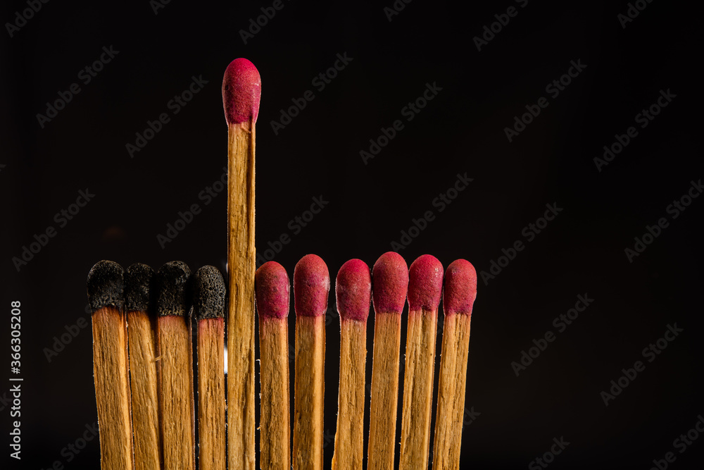 one in the crowd concept of matchstick with flames, one in the crowd concept of matchstick with flames,
