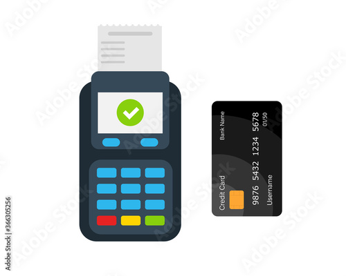 Payment using terminal and credit card. NFC. Banking Technology. Transaction. Vector flat illustration.