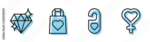 Set line Please do not disturb with heart, Diamond, Shopping bag with heart and Female gender symbol icon. Vector.