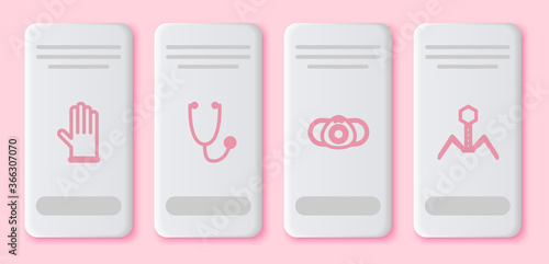 Set line Medical rubber gloves, Stethoscope, protective mask and Bacteria bacteriophage. White rectangle button. Vector.