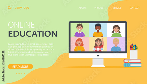 Video conference with school children. Online education concept. Flat vector illustration