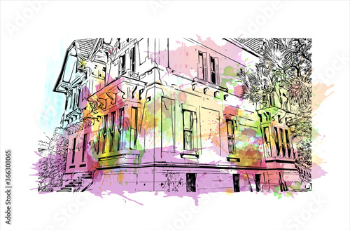 Building view with landmark of Petropolis is a Brazilian city north of Rio de Janeiro. Watercolor splash with hand drawn sketch illustration in vector. photo