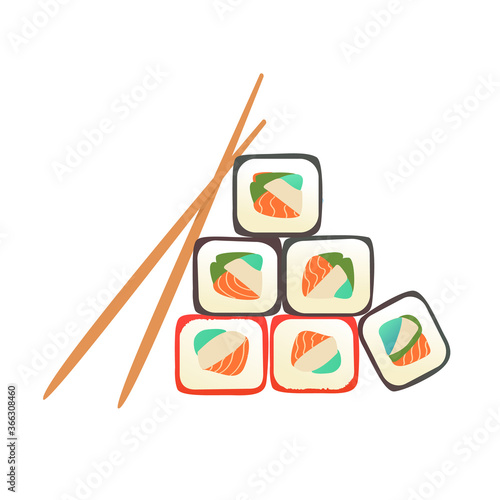 Conceptual sushi rolls with chopsticks on a white background. Japanese food concept. Rice and fish dish, nori, caviar, salmon.