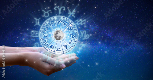 Zodiac signs inside of horoscope circle. Astrology in the sky with many stars and moons  astrology and horoscopes concept photo