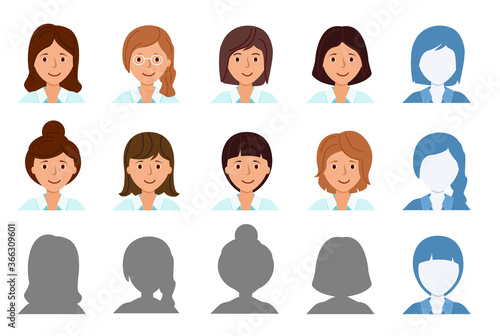 Set Avatar profile isolated. Icons of smiling women. Silhouette of a woman head. Vector illustration.