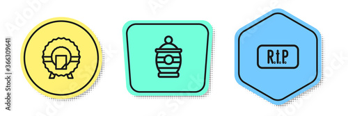 Set line Memorial wreath, Funeral urn and Speech bubble rip death. Colored shapes. Vector.