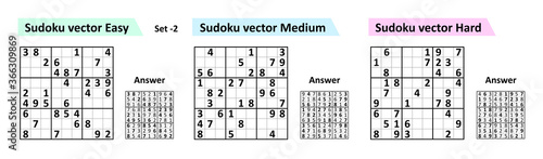 Sudoku game with answers. Simple vector design set Sudoku. Blank template.