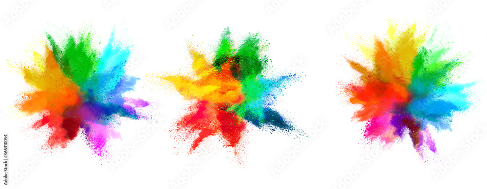 Collection of powder splash in rainbow colors isolated on white background.